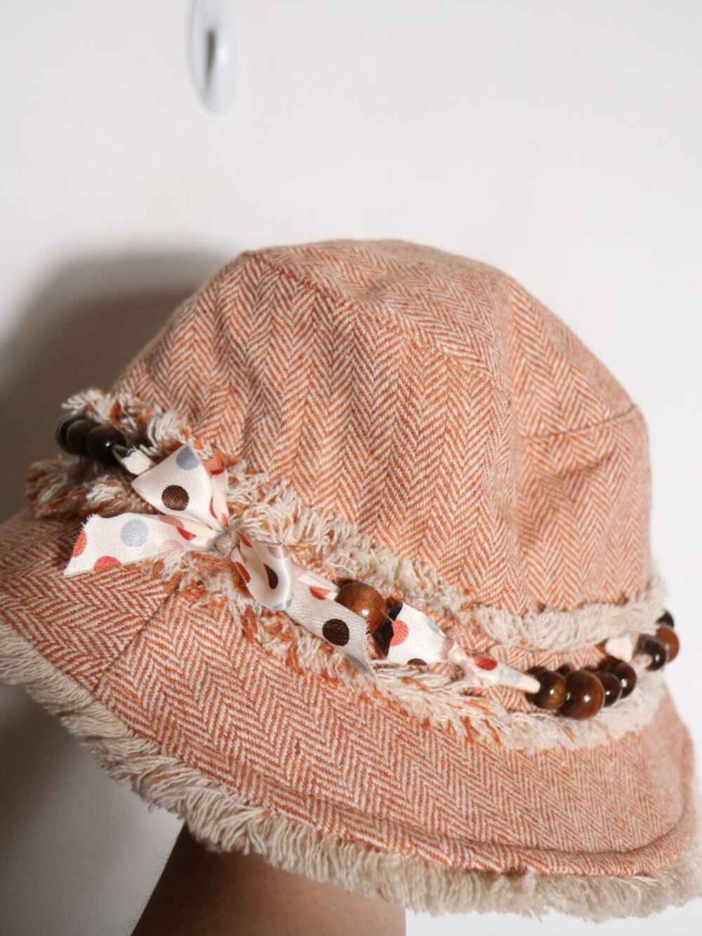Anthropologie Hat Attack Houndstooth Frayed Bucket‎ Hat Orange Beaded Boho Wool